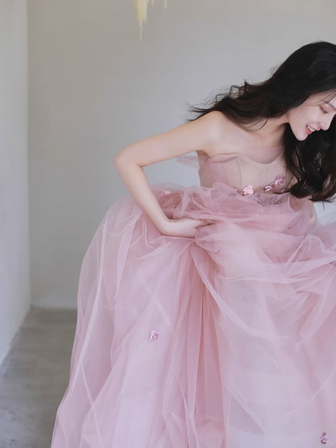 Elegant A Line Strapless Pink Flower Tulle Long Party Dress Evening Dress DP2549