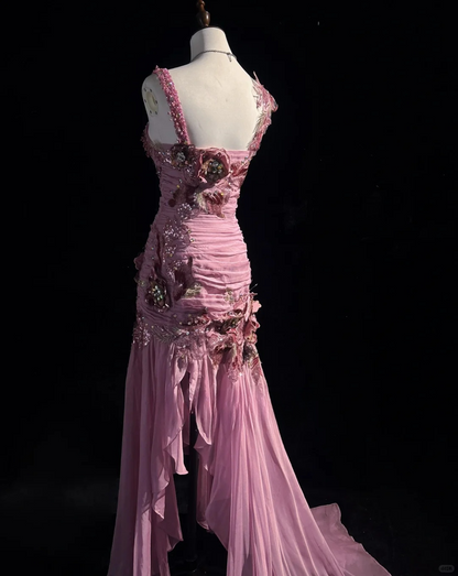 Vintage Mermaid Straps 3D Flower Beaded Chiffon Chiffon Long Prom Dress Party Dress with Slit DP2767