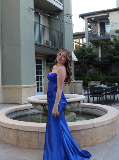 Royal Blue Mermaid Strapless Beaded Satin Long Prom Dress Evening Dress DP5943