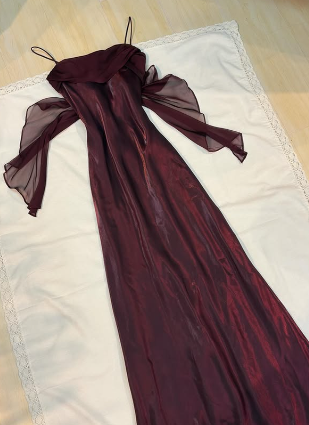 Vintage Dark Burgundy Simple Sheath Chiffon Satin Prom Dress Evening Dress Date Dress DP5284