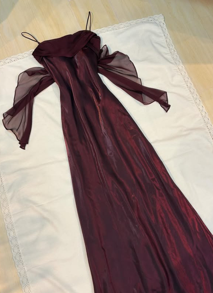 Vintage Dark Burgundy Simple Sheath Chiffon Satin Prom Dress Evening Dress Date Dress DP5284