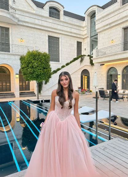 Pink A Line Sweetheart Neck Beaded Tulle Prom Dress Wedding Guest Dress DP4118