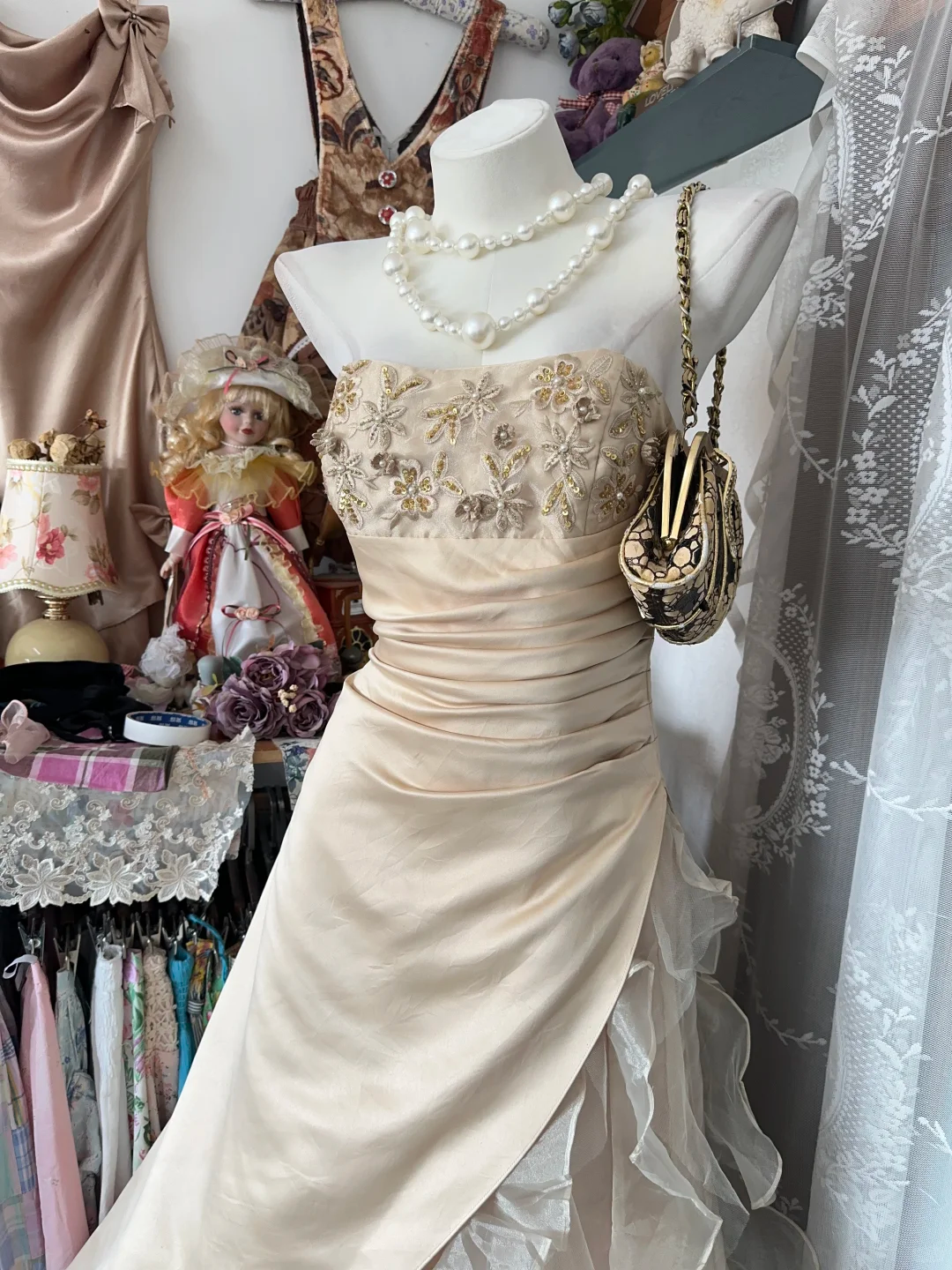 Apricot A Line Strapless Beaded Ruffle Organza Satin Prom Dress Evening Dress DP5622