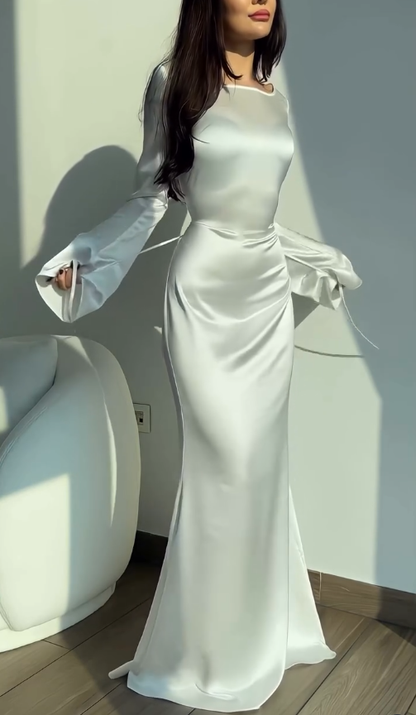 Classic White Mermaid Long Sleeve Satin Prom Dress Evening Dress DP3885