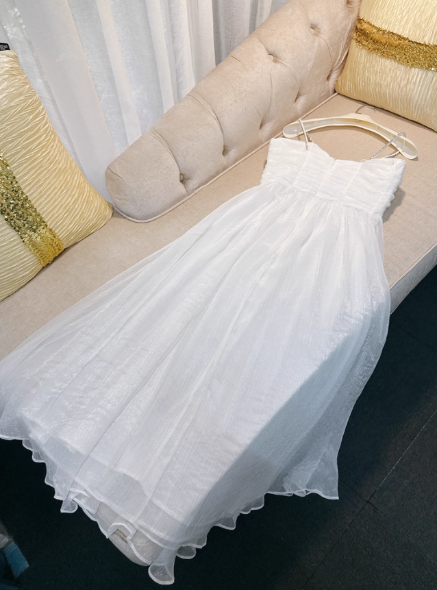 Elegant White A Line Spaghetti Straps Beaded Chiffon Prom Dress Outfits DP4482