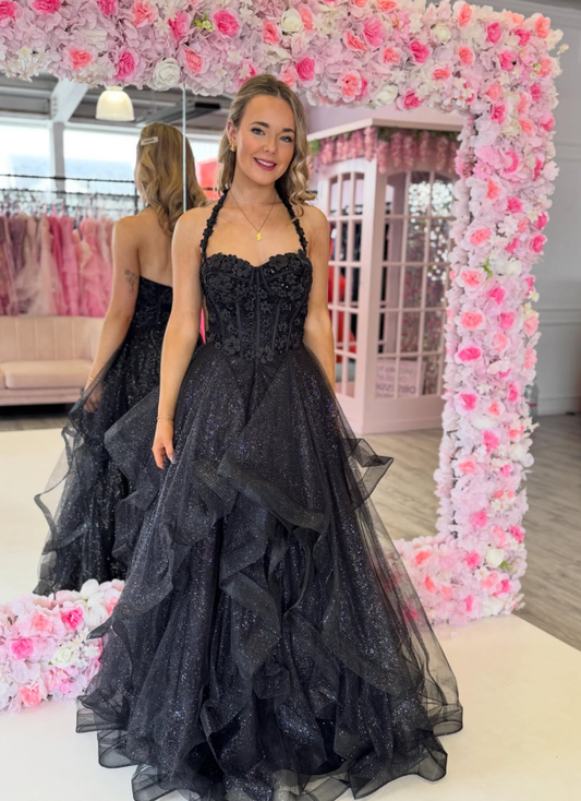 Pretty A Line Halter Black Applique Sequin Tulle Long Prom Dress Evening Dress DP6334