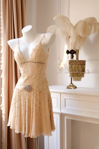 Vintage Apricot A Line Beaded Lace Chiffon Short Prom Dress Homecoming Dress DP5437