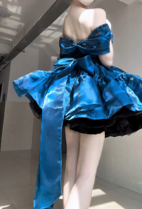 Stunning Blue A Line Off the Shoulder Bow Satin Short Prom Dress Homecoming Dress DP4559