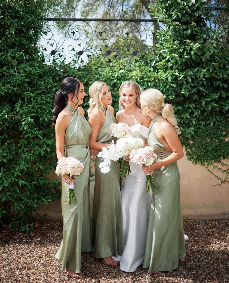 Charming Sheath Hatler Satin Sage Long Bridesmaid Dresses DP5563