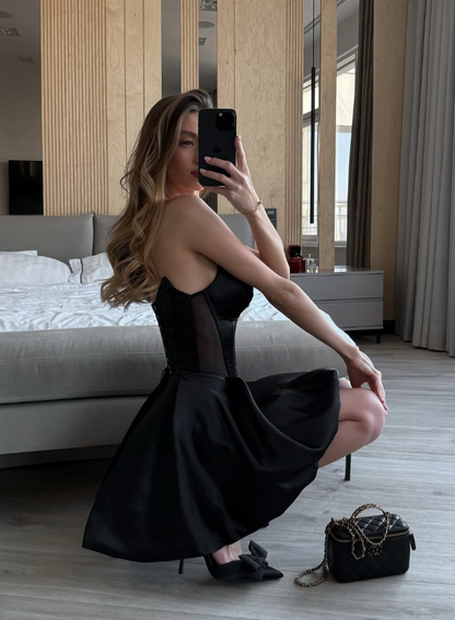 Simple Black A Line Sweetheart Neck Corset Satin Short Party Dress Homecoming Dress DP3016