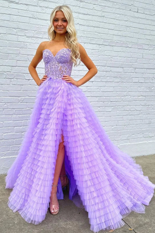 Trendy A Line Sweetheart Purple Corset Prom Dress with Appilques Ruffles DP7763