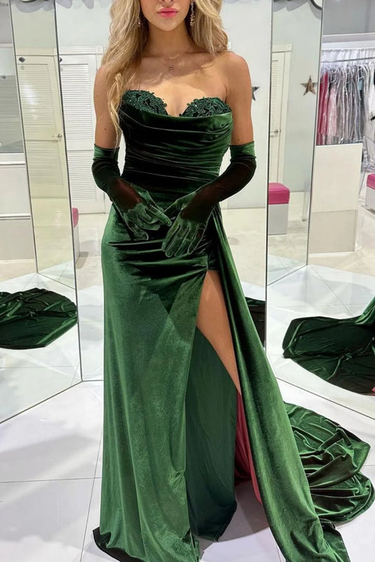 Stylish Mermaid Sweetheart Dark Green Velvet Prom Dress with Split Front DP7764