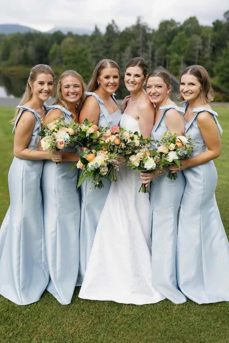 Mermaid Straps Bows Pleats Satin Sleeveless Long Bridesmaid Dress with Slit DP5553