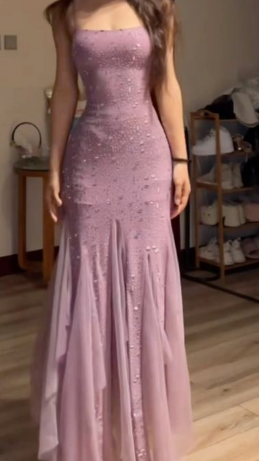 Pretty Lilac Mermaid Spaghetti Strap Beaded Tulle Party Dress Evening Dress DP2872