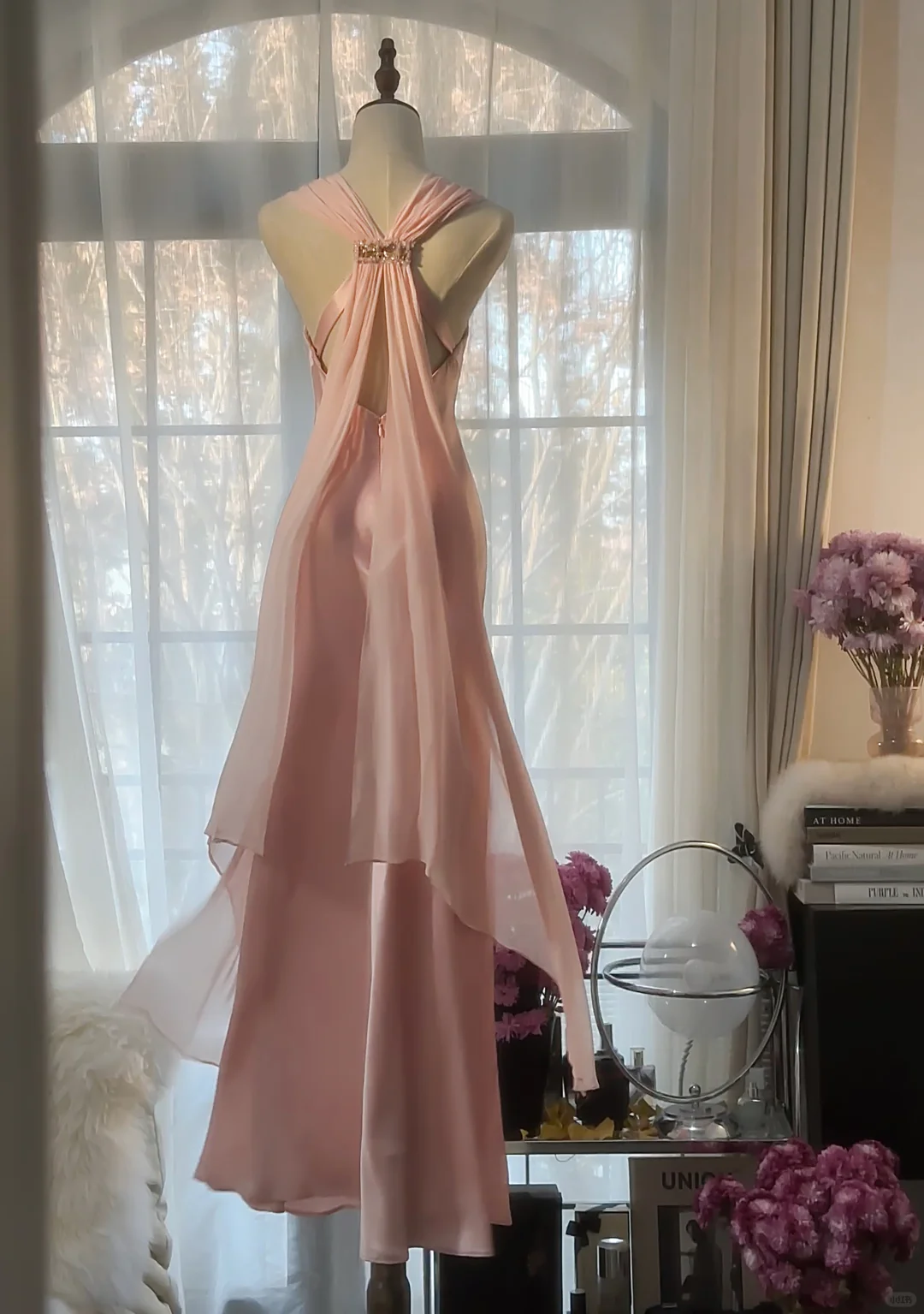 Classy A Line V Neck Beaded Pink Chiffon Satin Long Party Dress Evening Dress DP2471