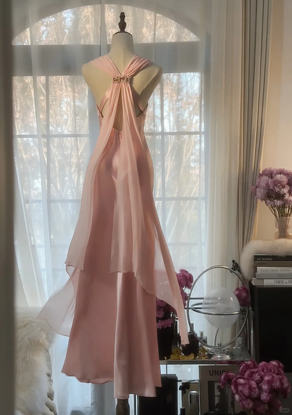 Classy A Line V Neck Beaded Pink Chiffon Satin Long Party Dress Evening Dress DP2471