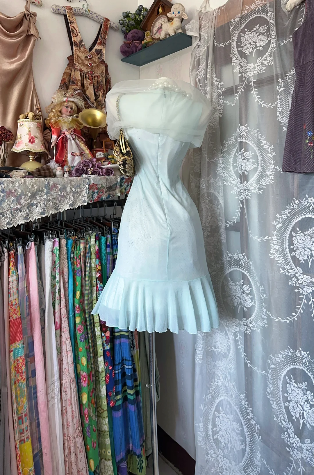 Vintage Light Blue A Line Round Neck Chiffon Short Homecoming Dress DP4862