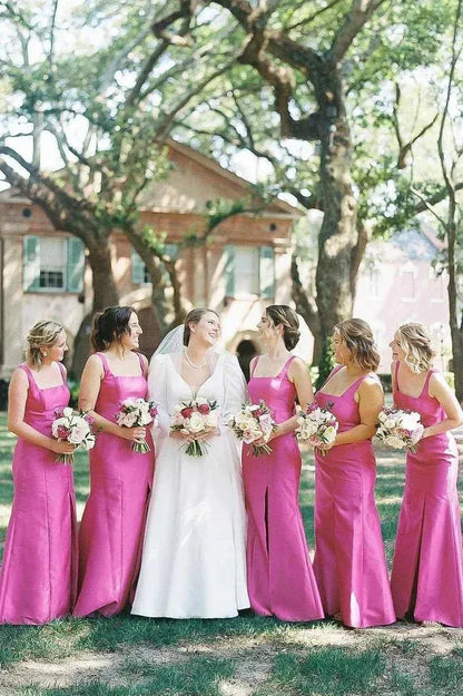 Sheath Square Neck Fuchsia Satin Bridesmaid Dresses with Bow DP5557