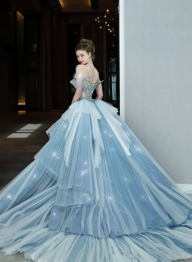 Blue Mermaid Off the Shoulder Exquisite Beaded Sequin Layered Tulle Long Prom Dress Evening Dress DP4685