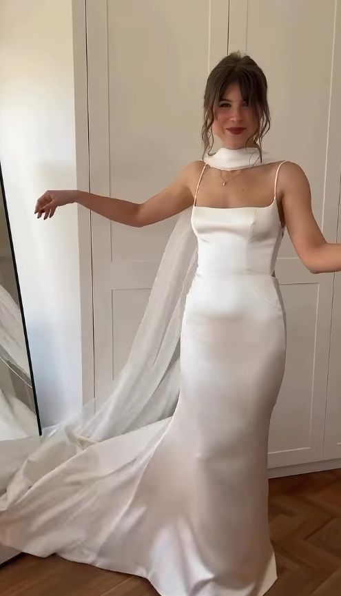 Stunning Mermaid Spaghetti Strap White Satin Open Back Wedding Dresses DP4347