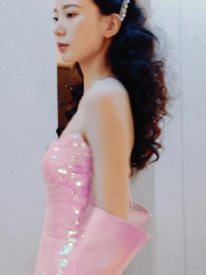 Stunning Mermaid Strapless Pink Sequin Long Party Dress Evening Dress DP2555