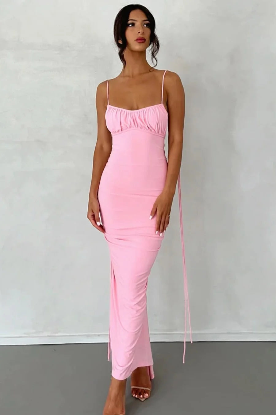 Stylish Sheath Spaghetti Straps Pink Tea Length Party Dress with Backless DP7599