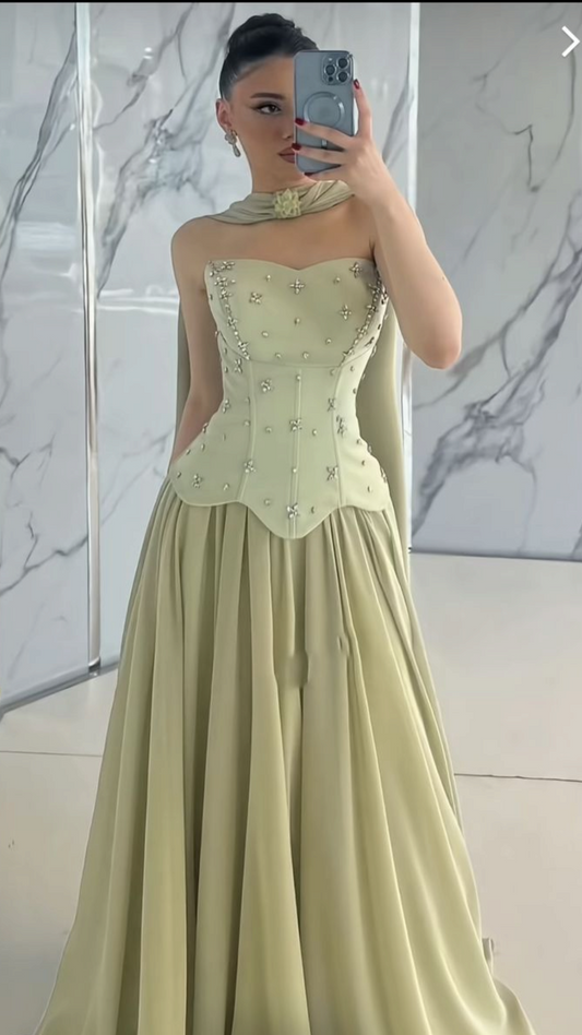 Light Green A Line Strapless Beaded Satin Chiffon Long Prom Dress Evening Dress DP8066