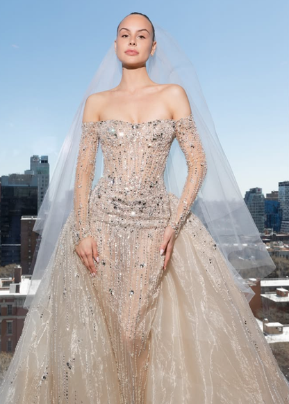 Glamorous Ball Gown Long Sleeve Sequin Apricot Organza Long Train Wedding Dress DP5822
