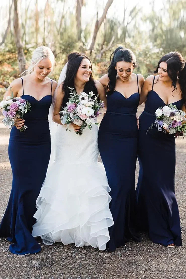 Navy Spaghetti Straps Mermaid Long Bridesmaid Dress DP5565