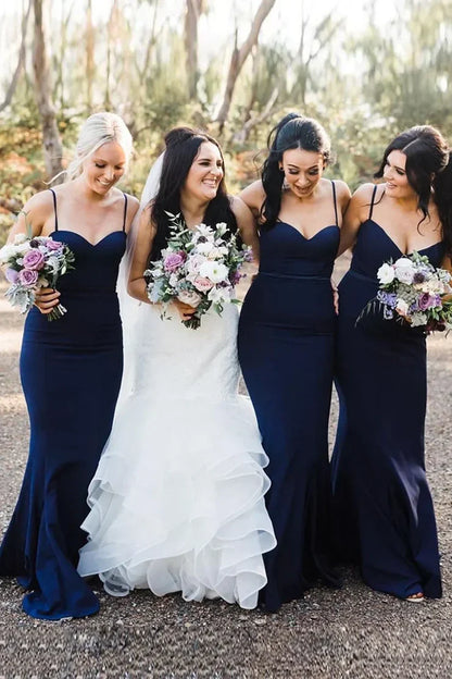 Navy Spaghetti Straps Mermaid Long Bridesmaid Dress DP5565