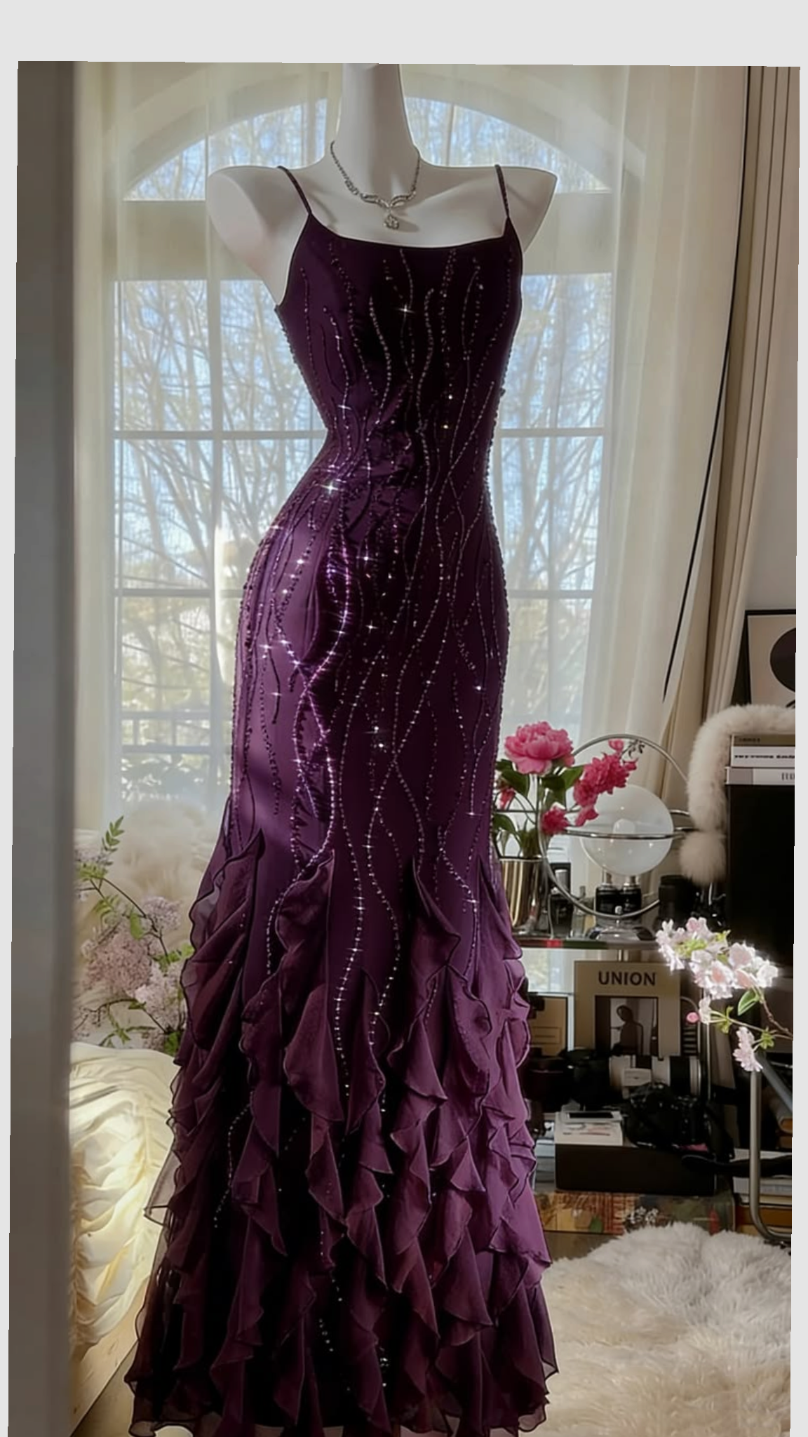 Gentle Sheath Spaghetti Strap Beaded Purple Ruffle Chiffon Long Prom Dress Evening Dress DP6899