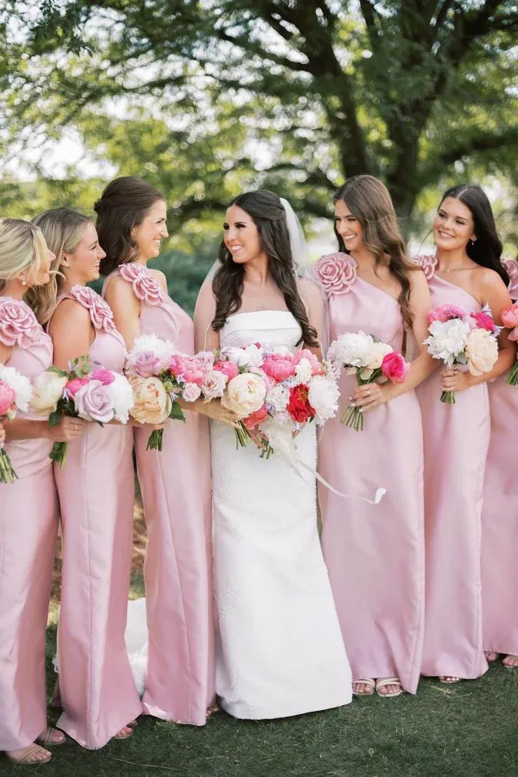 Pink One Shoulder Sheath Flower Sleeveless Satin Long Bridesmaid Dress DP5547