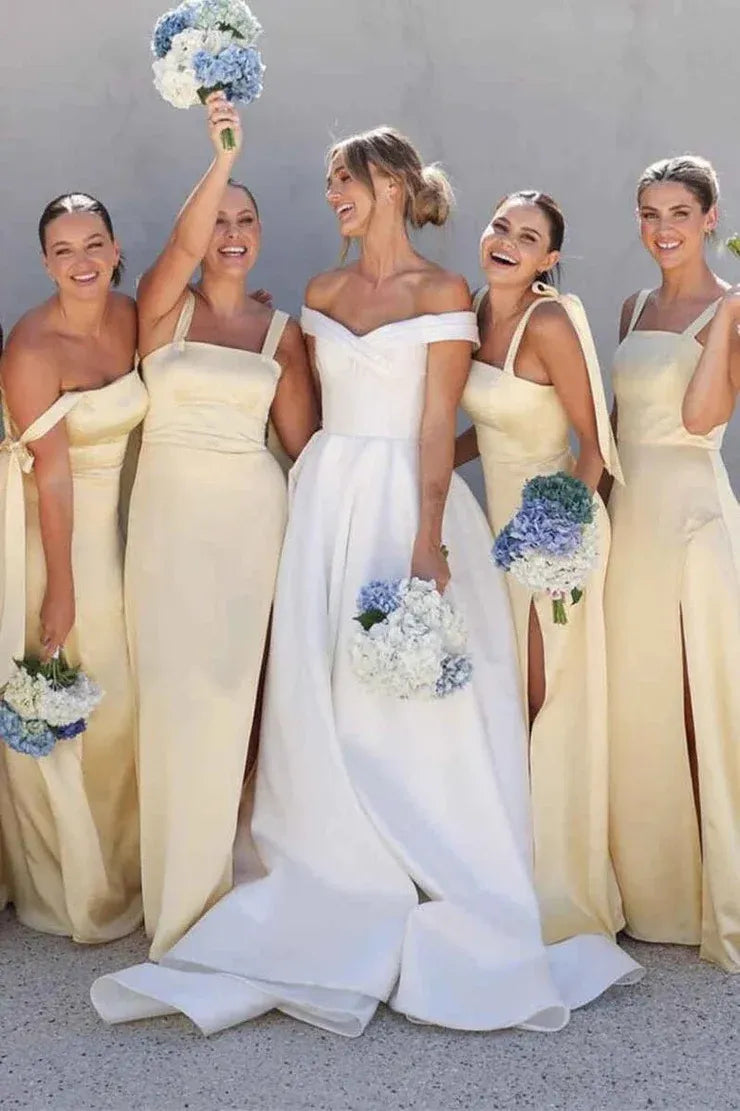 Sheath Straps Yellow Satin Long Bridesmaid Dresses with Slit DP5554