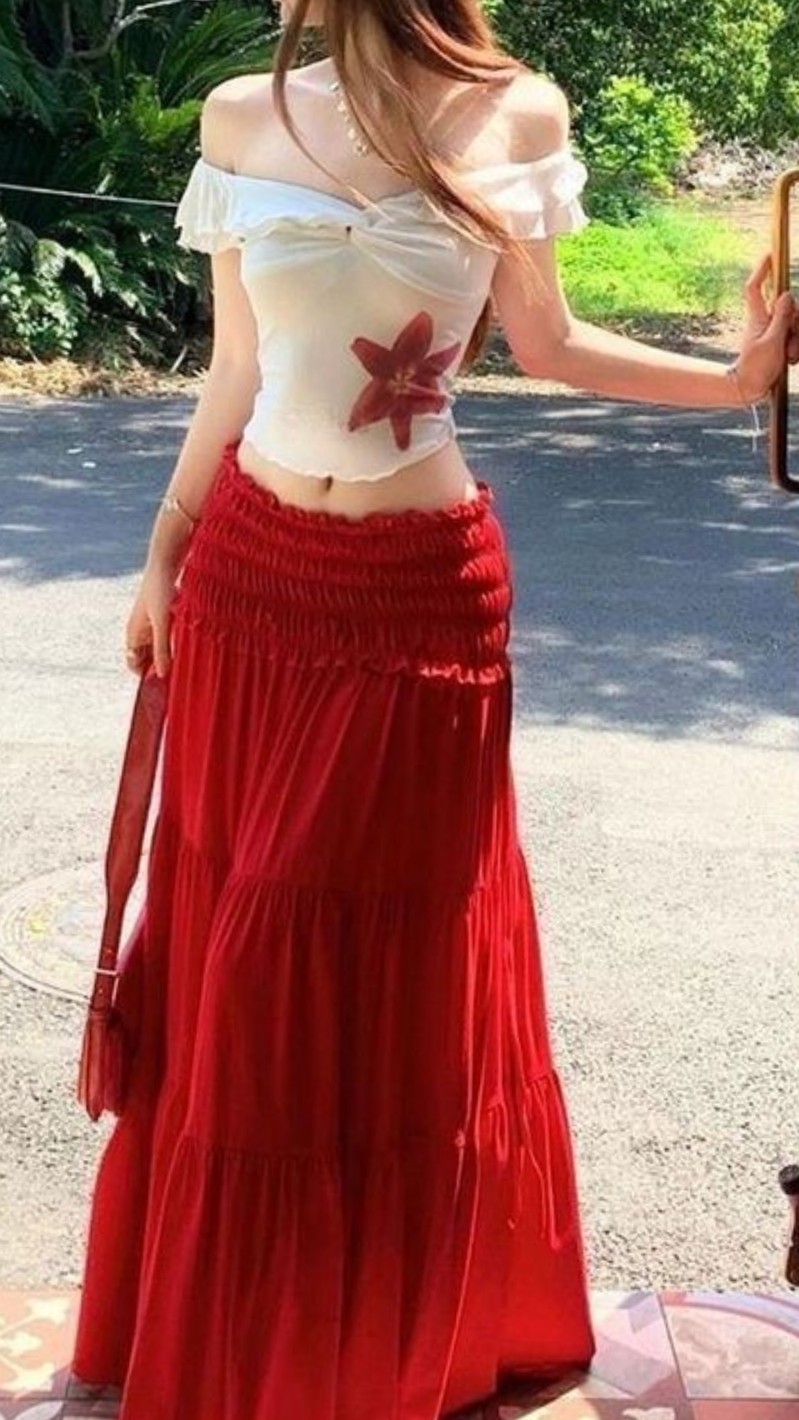 Black-red Two Piece A Line Off the Shoulder Printed Tulle Long Prom Dress Date Dress DP7021