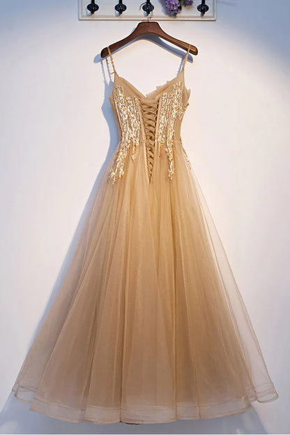 Champagne A Line Spaghetti Straps Appliques Tulle Long Evening Dress Prom Dress DP1300