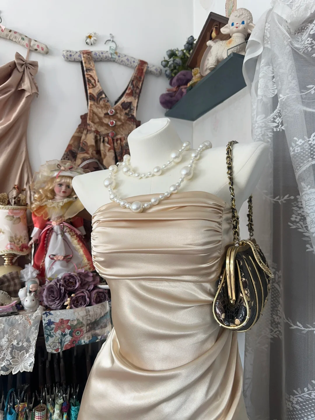 Vintage Mermaid Strapless Champagne Layered Satin Outfits Dress DP4855