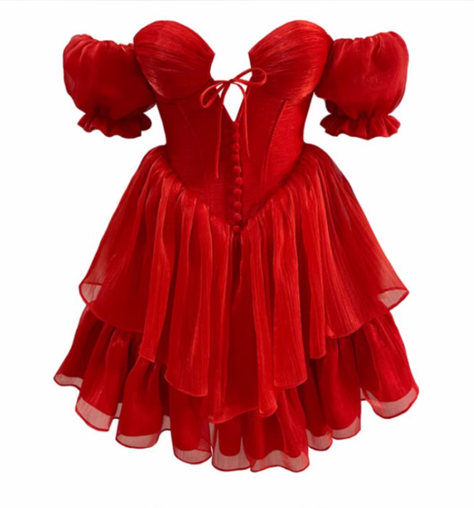 Charming Red A Line Puff Layered Chiffon Short Homecoming Dress Vacation Dress DP3645