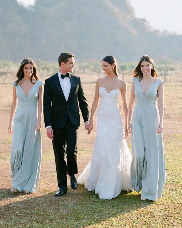 Simple A Line Satin V Neck Blue Sleeveless Long Bridesmaid Dresses DP5543