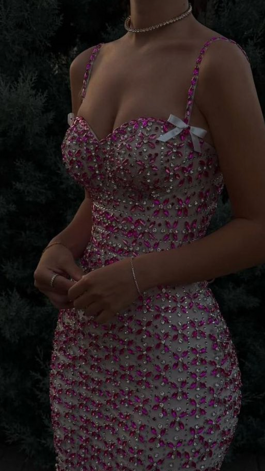Luxurious Sheath Spaghetti Straps Pink Rhinestone Tulle Prom Dress Evening Dress DP6692