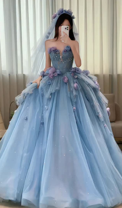 Blue Floral Ball Gown Sweetheart Neck Exquisite Beaded Tulle Long Prom Dress DP4604