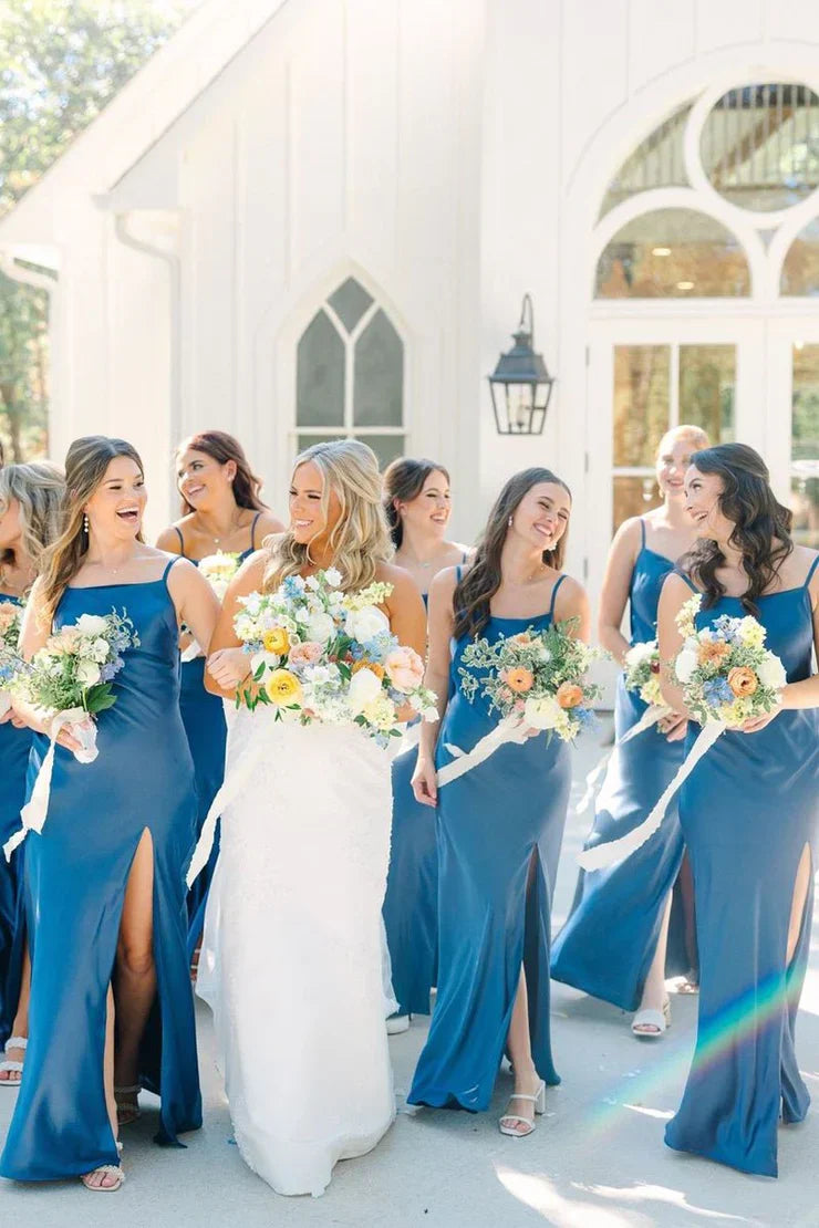 Simple Mermaid Spaghetti Straps Blue Long Bridesmaid Dresses with Bow Back DP5550