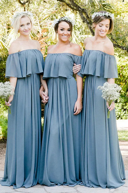 Dusty Blue A-Line Off the Shoulder Long Chiffon Boho Bridesmaid Dress DP5542