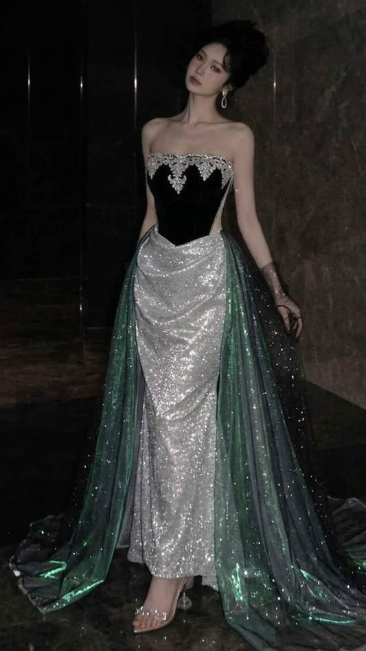 Stunning Mermaid Strapless Exquisite Beaded Sequin Tulle Prom Dress Evening Dress DP7479