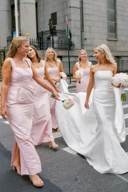 Pink Straps Sheath Square Neck Satin Sleeveless Long Bridesmaid Dress DP5552