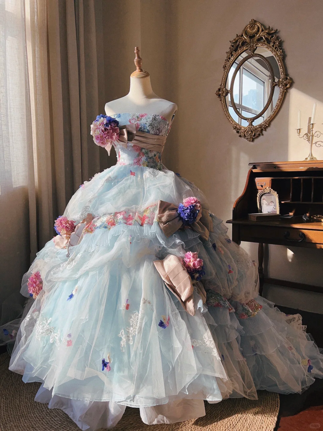 Dreamy Baby Blue Ball Gown Floral Tulle Prom Dress 16TH Birthday Dress DP5017