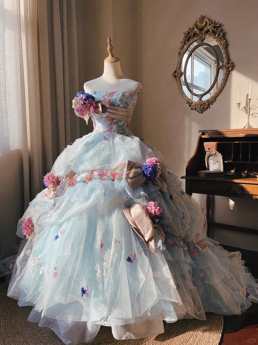 Dreamy Baby Blue Ball Gown Floral Tulle Prom Dress 16TH Birthday Dress DP5017