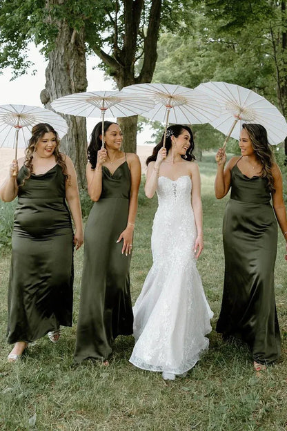 Hunter Green Silk Satin Cowl Neck Bridesmaid Dresses DP5570