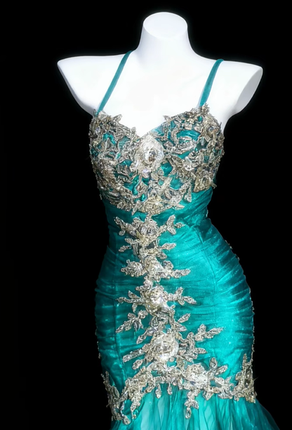 Vintage Mermaid Spaghetti Straps Appliques Blue Tulle Prom Dress Evening Dress DP4724