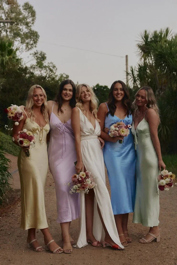 Sheath Silk Satin V Neck Ankle Length Bridesmaid Dresses with Straps DP5545