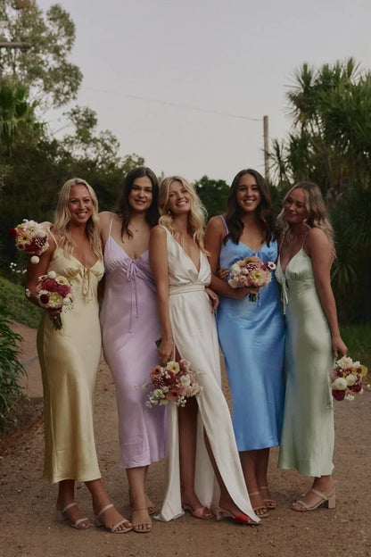 Sheath Silk Satin V Neck Ankle Length Bridesmaid Dresses with Straps DP5545